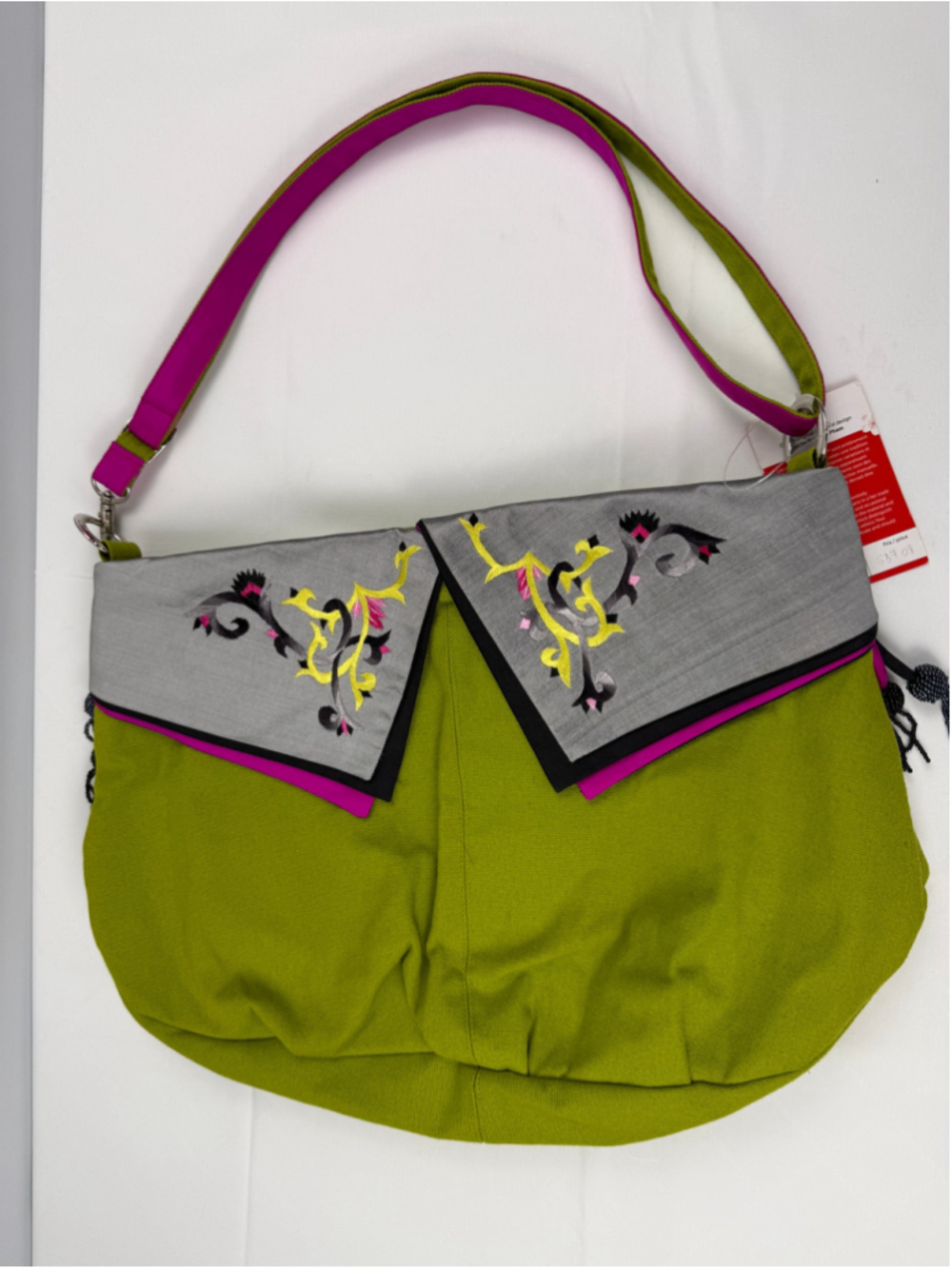 Concubine Shoulder Crossbody Bag Green Grey Embroidered Canvas